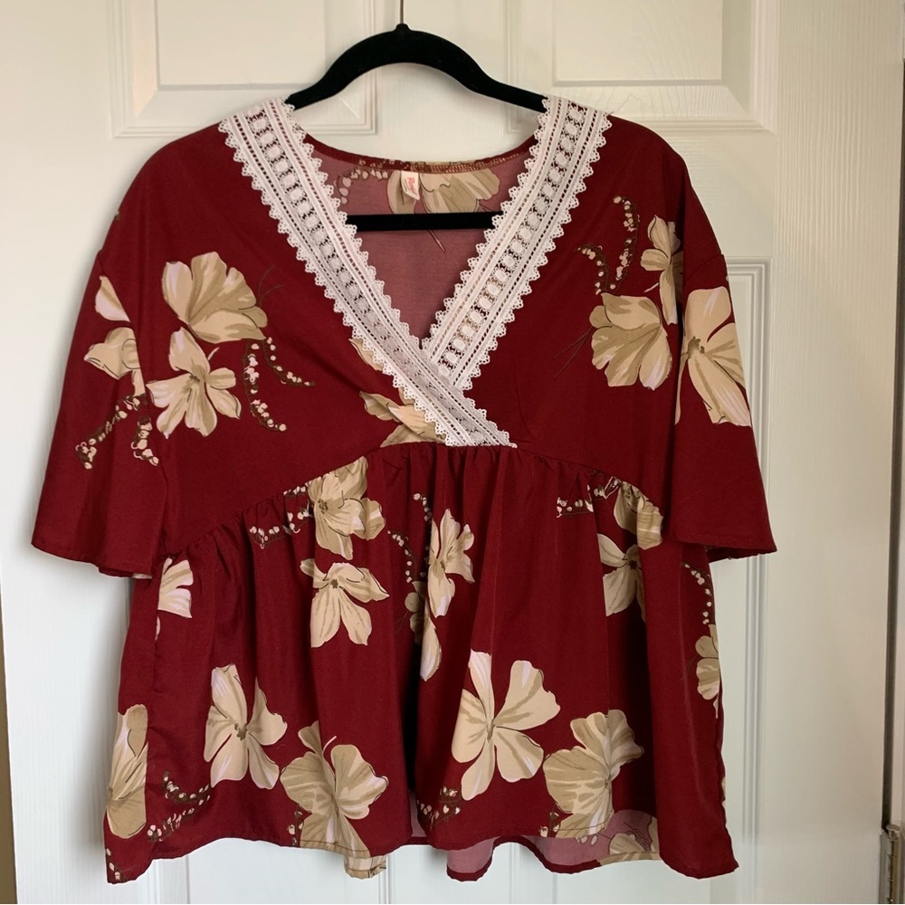 Romwe Burgundy Floral Crochet V-neck Crop Top Blouse, size L🛍️ - Picture 7 of 7
